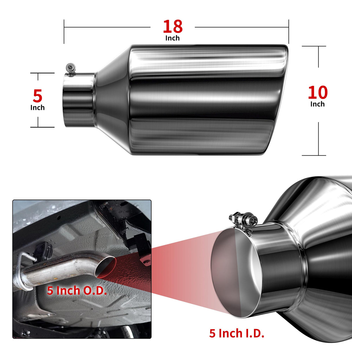 Richeer 5" Inlet Exhaust Tip, 10" Outlet 18" Length Polished Stainless Steel Universal