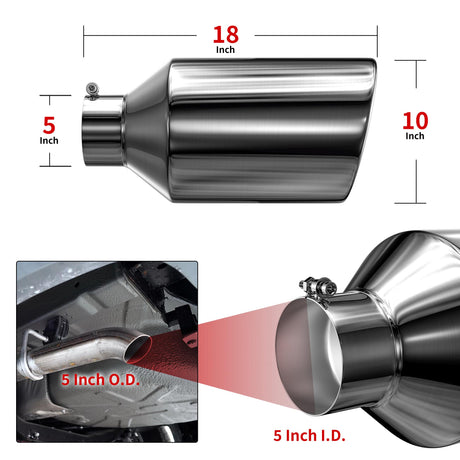 Richeer 5" Inlet Exhaust Tip, 10" Outlet 18" Length Polished Stainless Steel Universal