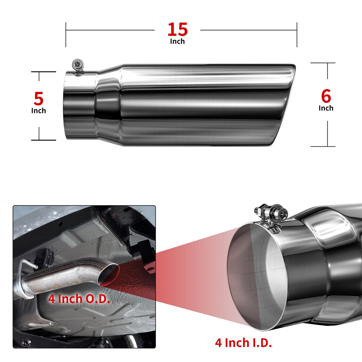 Richeer 5" Inlet Exhaust Tip, 6" Outlet 15" Length Polished Stainless Steel Universal