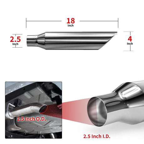 Richeer 2.5" Inlet Exhaust Tip, 4" Outlet, 18" Length, Stainless Steel, Universal