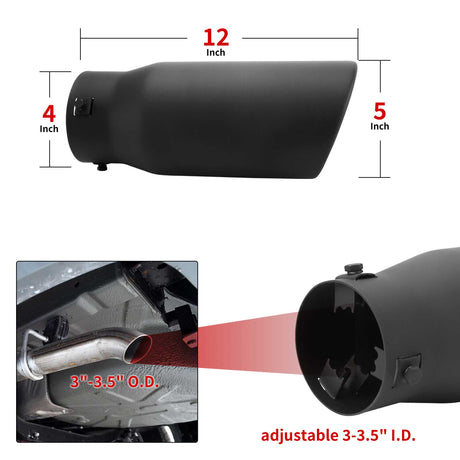 Richeer Adjustable 2.5-3.5" Inlet Exhaust Tip, 5" Outlet 12" Length Black Powder Coated Stainless Steel