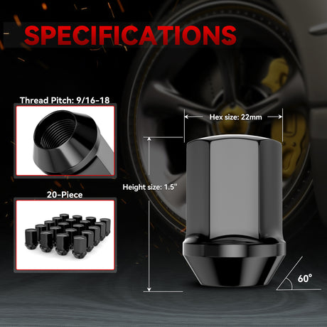 Richeer 9/16-18 Lug Nuts, 20PCS Bulge Acorn, Closed End for Trucks & SUVs - Black