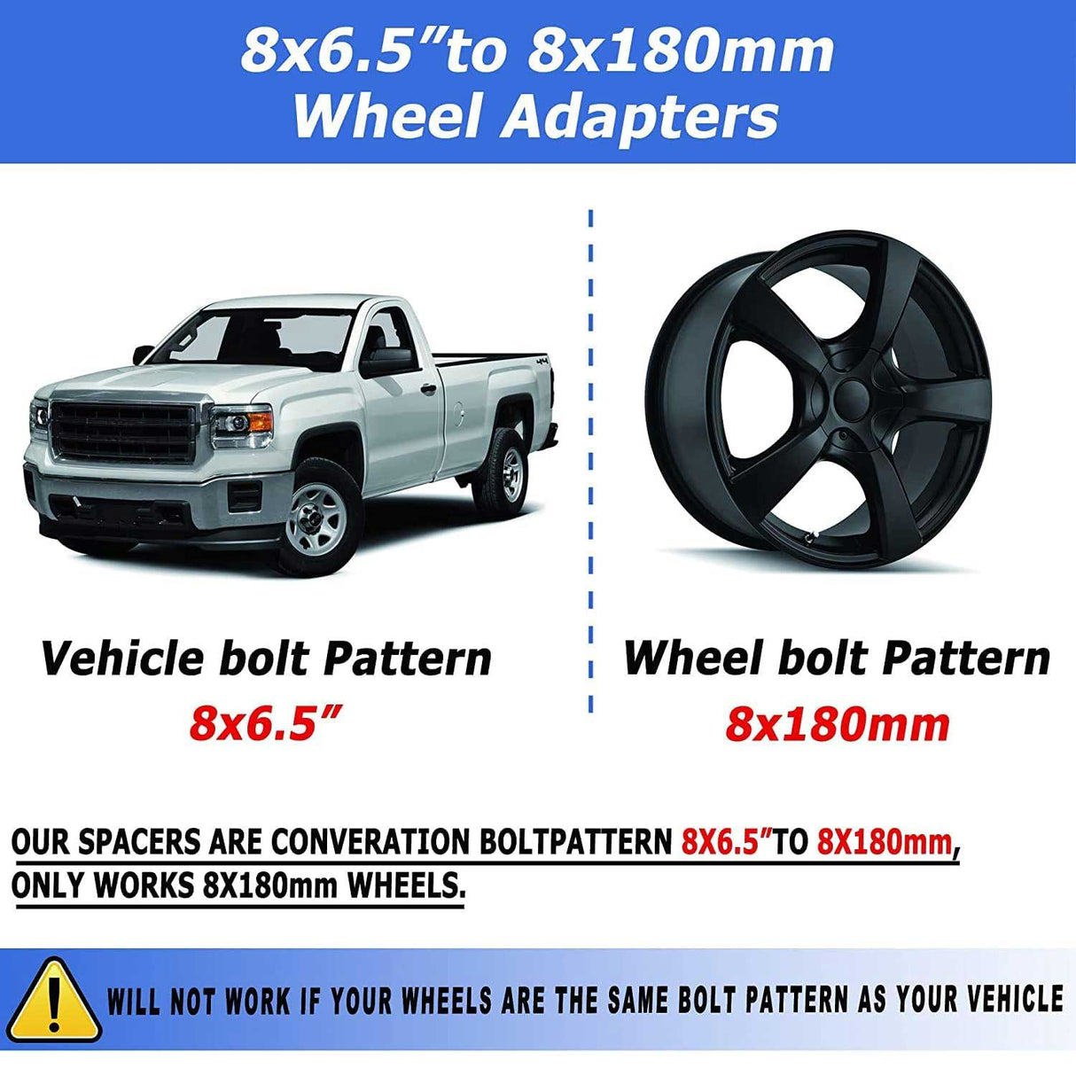 Richeer 8x6.5" to 8x180mm Wheel Adapters for Off-Road Vehicles (Chevy, GMC, Ram & More)