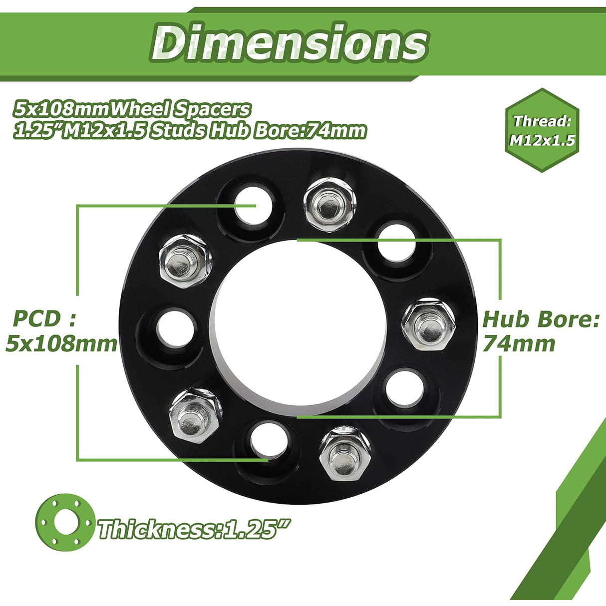 Richeer 5x4.25" Wheel Spacers with 12x1.5 Thread Pitch and 74mm Hub Bore