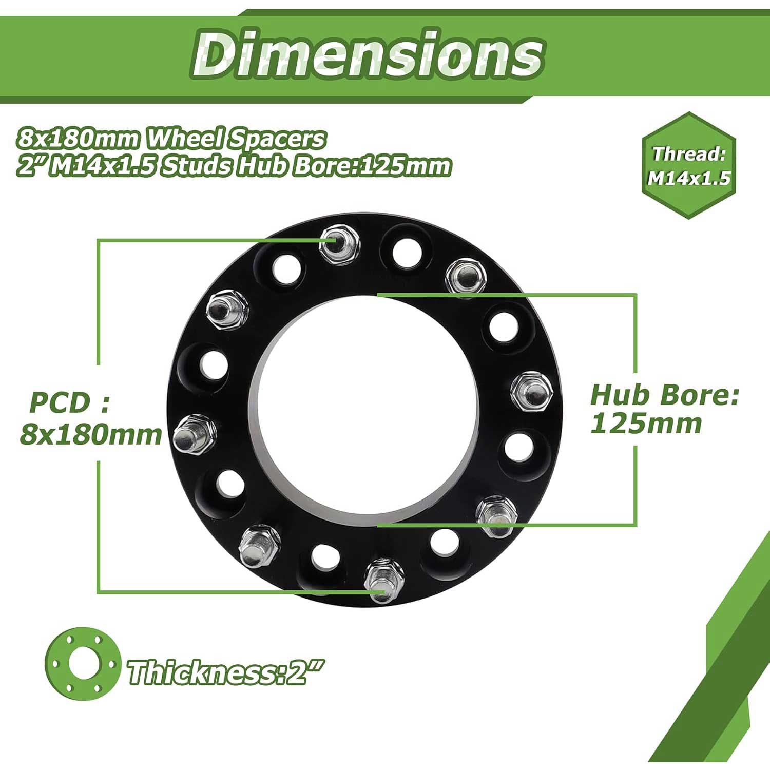 (4) 2-Inch 8x180 Wheel Spacers For Chevy Silverado / GMC Sierra 2500 3500 HD – M14x1.5, 124.1mm Bore