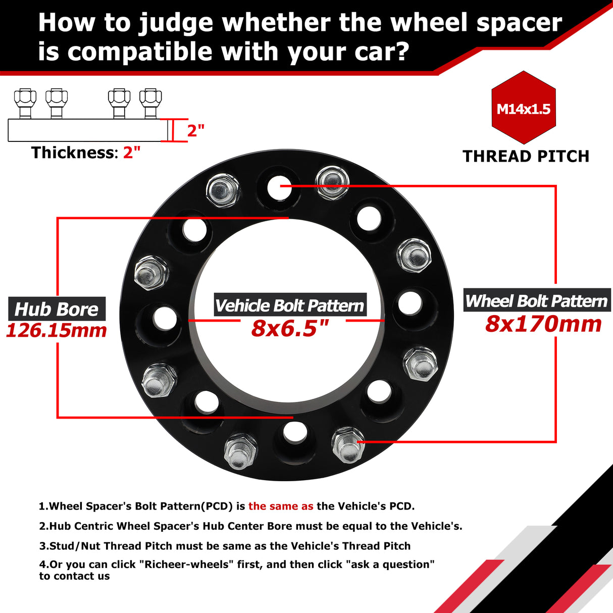 Richeer 8x6.5" to 8x180mm Wheel Adapters with M14x1.5 Studs & 117mm Center Bore for 1999-2010 Silverado Sierra 2500 3500 HD