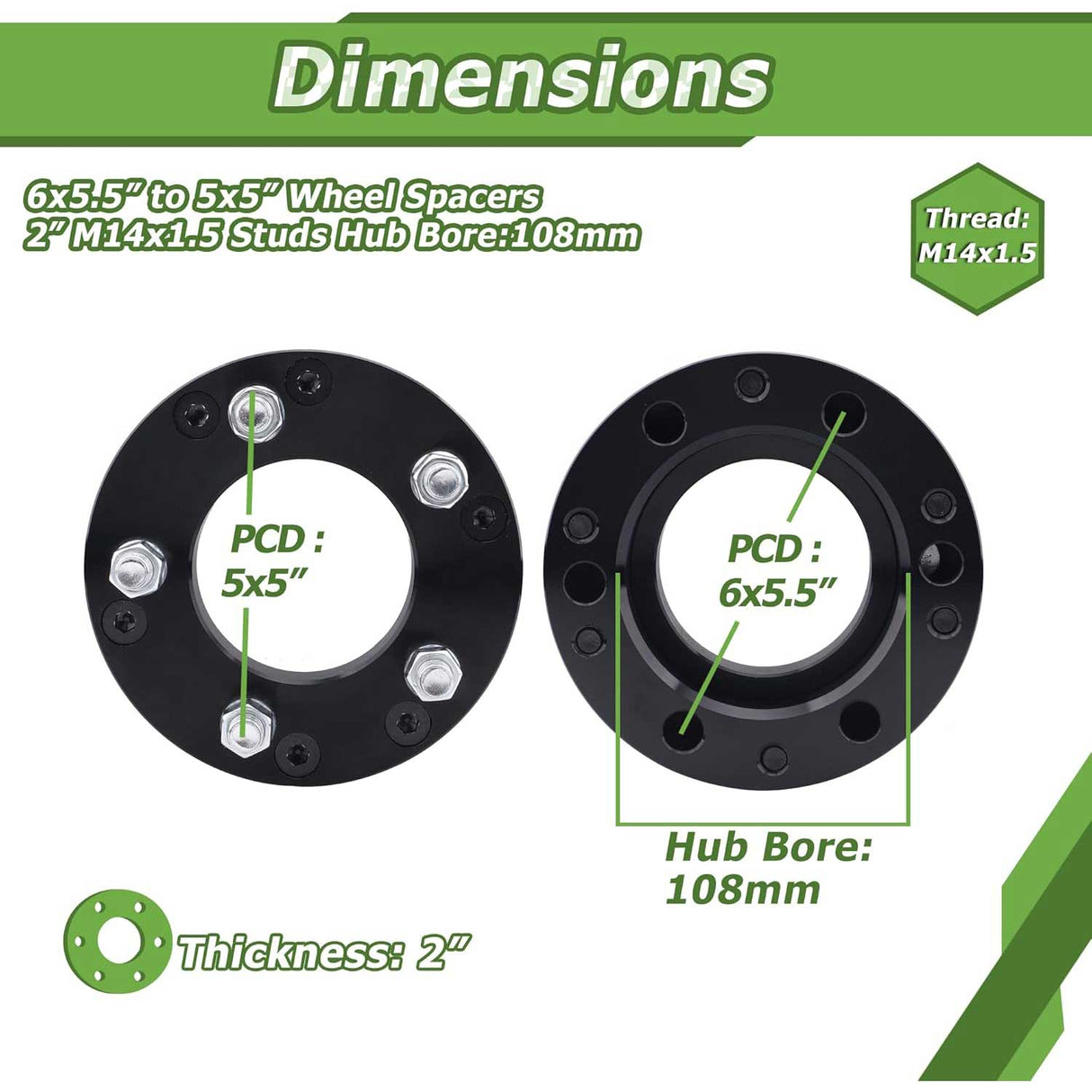 Richeer 6x5.5" to 5x5" Wheel Adapters with 14x1.5 Studs