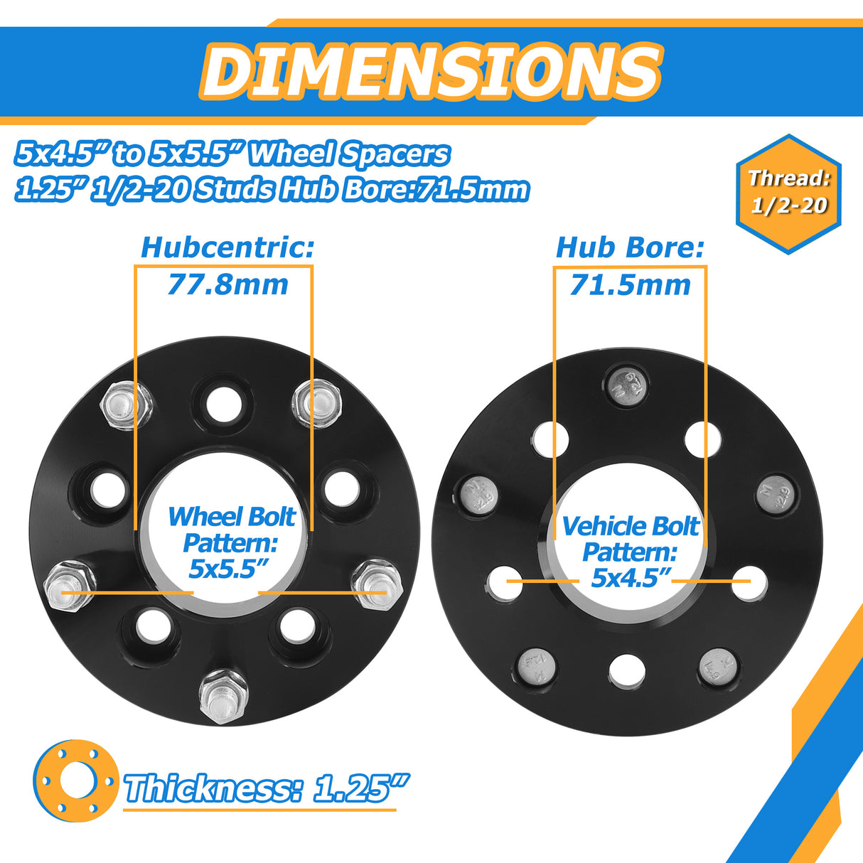 Richeer 5x4.5" to 5x5.5" Hubcentric Wheel Adapters for 2012-2018 Ram 1500 and Compatible Models