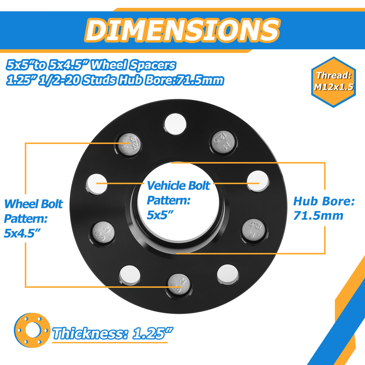 Richeer 5x5" to 5x4.5" Hubcentric Wheel Adapters with 1/2-20 Thread Pitch