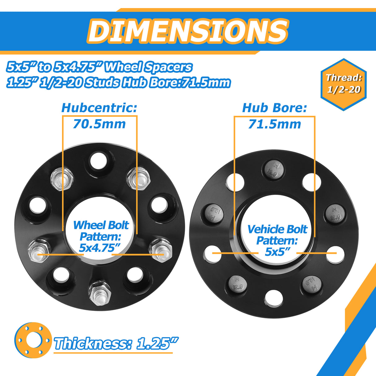 Richeer 5x5" to 5x4.75" Hubcentric Wheel Adapters with 1/2-20 Thread Pitch